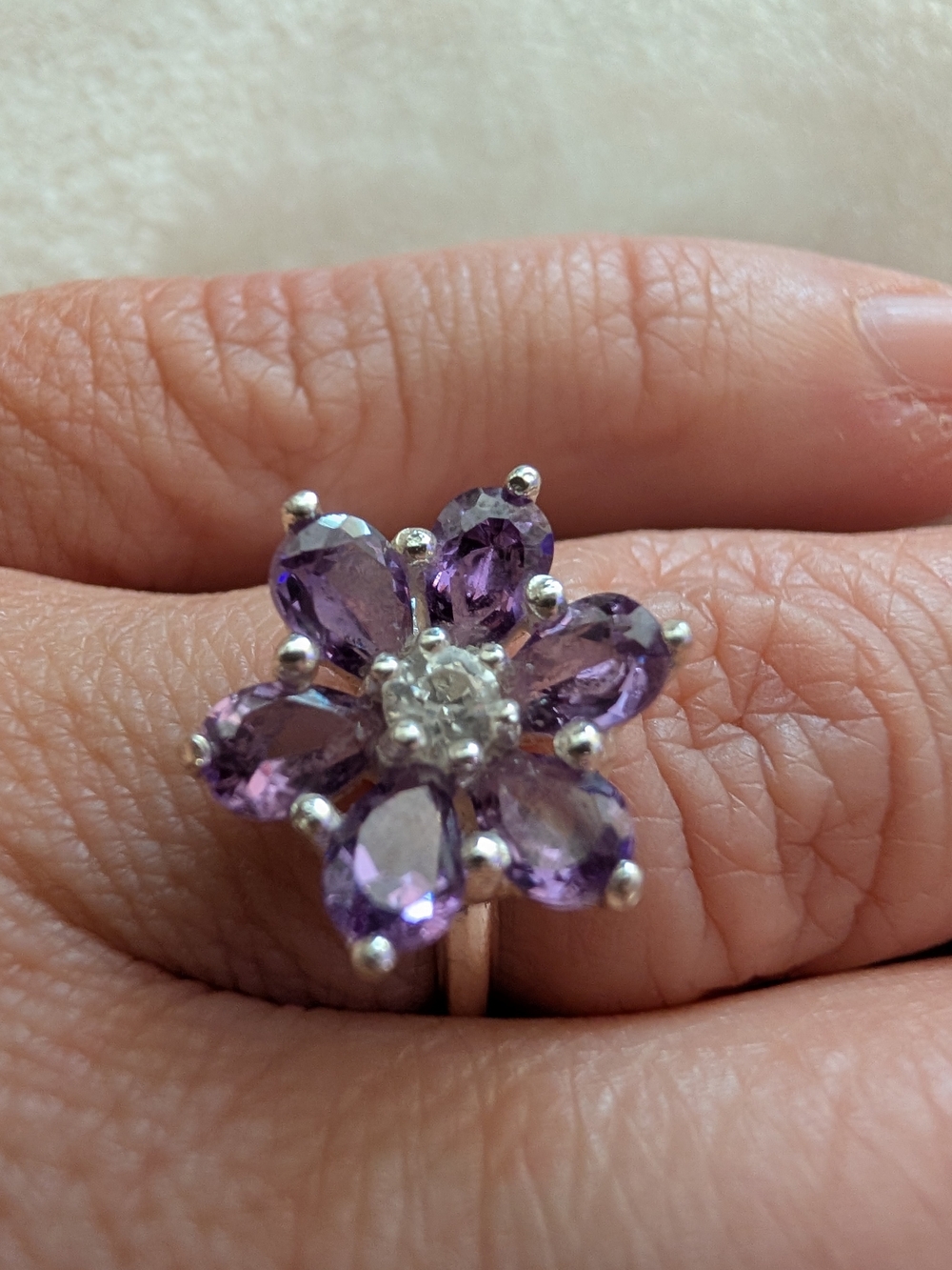 Sterling Silver Amethyst Flower Cluster Ring 925 Stamped Signed Size 8